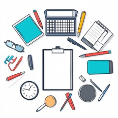 240805 02. A simple vector icon illustration depicting the group of business items at center for a website isolated white background with office supplies such as pens, staplers, and notepads