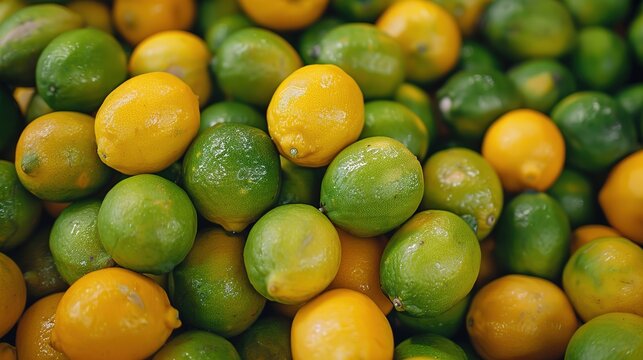 Yellow and gree lemon background,A pile of lemons in a market ,bunch of yellow lemons,green lemons limes as a background,Fresh green lemon lime texture background pile of lime for sale in the market