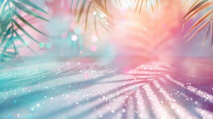 Sticker - Product display background with pastel colors, palm shadow, and glitter bokeh