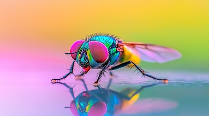 Wall Mural - A colorful fly with red eyes and a black body. The fly is standing on a surface with a reflection of itself in the water