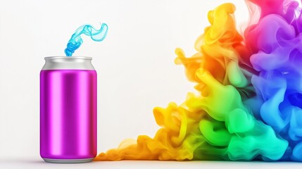 Wall Mural - A can of soda is being poured into a glass, creating a colorful explosion of smoke. Concept of excitement and energy, as the soda bubbles and fizzes, creating a visually stunning and dynamic scene