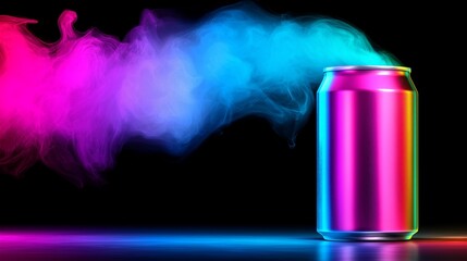 A can of soda is being poured into a glass, creating a colorful and vibrant spray of liquid. Concept of fun and excitement, as the soda is being poured in a playful and artistic manner