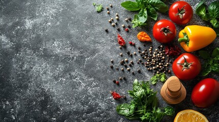 Fresh herbs and vegetables on a rustic kitchen counter