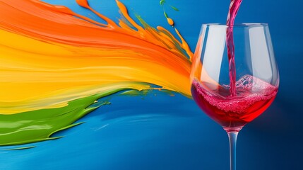 A glass of red wine is poured into a glass with a colorful splash of paint. The wine is poured into the glass at an angle, creating a beautiful and artistic effect. Concept of creativity and enjoyment