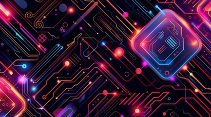 Poster - An eyecatching and vibrant digital circuit design that features numerous glowing elements and bright neon colors
