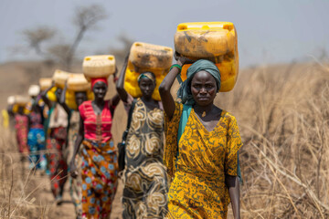 african women carrying yellow water containers on their heads while walking through a dry, arid land