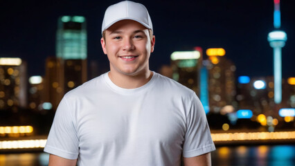 Wall Mural - Plus size young man wearing white t-shirt and white baseball cap standing on cityscape at night background