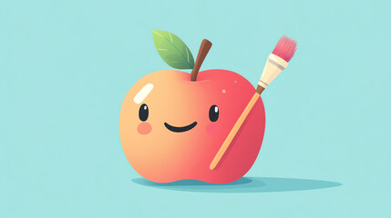 A cheerful apple character holding a paintbrush, symbolizing creativity and fun in a vibrant, playful design.