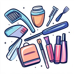 240805 89. A simple vector icon illustration depicting the group of beauty accessories at center for a website isolated white background with hairbrush comb hair ties bobby pins headband makeup bag