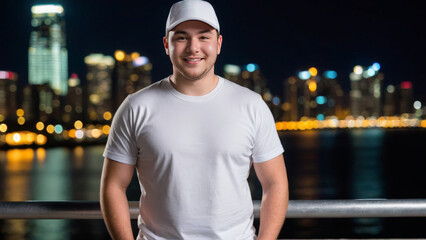 Wall Mural - Plus size young man wearing white t-shirt and white baseball cap standing on cityscape at night background