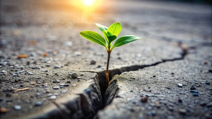 A small tender seedling grows through a crack in the pavement, symbolizing resilience and determination in the face of adversity, surrounded by concrete and darkness.