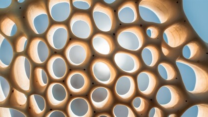 Poster - A close up of a patterned piece of wood with holes in it, AI