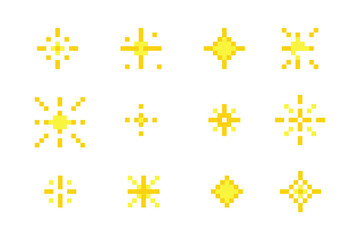 Wall Mural - pixel star retro 8 bit sparkle set. shiny game pixel art effect set. firework burst, space decoratio