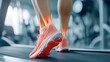 © Chaikit - 240805 83. Close-up of person massaging painful calf in modern gym setting. Inflamed gastrocnemius fascia due to overuse syndrome and excessive incline treadmill running. Anatomical visualization on