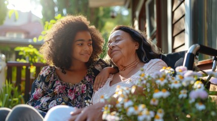 Wall Mural - A young girl is sitting on a bench next to an older woman