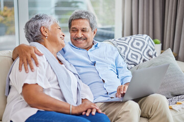 Canvas Print - Hug, love and smile with senior couple on sofa of home living room together for bonding. Marriage, relax or wellness with happy elderly man and woman embracing in apartment for retirement or romance