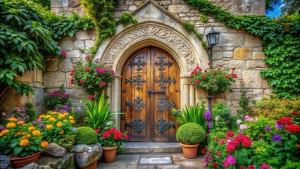  Serene stone church with intricately carved wooden doors, surrounded by lush greenery and vibrant flowers, with inspirational words etched into the ancient stone walls.