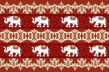 A cartoon illustration of a set of elephants with a funny and whimsical design,elephants pattern,traditional ethnic, fabric pattern for textiles, rugs, wallpaper, clothing, sarong, batik, wrapping,