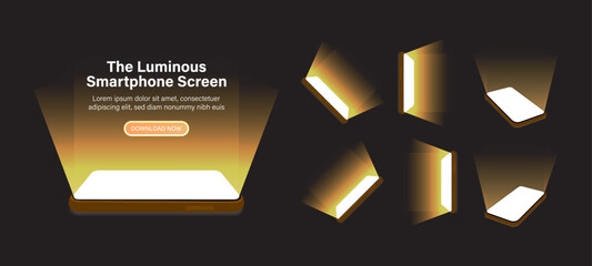 Poster - Smartphone and Mobile Screen Display with 3D Perspective and Yellow and Golden Lighting - Vector Illustration