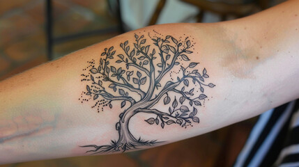 close-up of a family tree tattoo on someone's forearm, showing names intertwined with branches and l