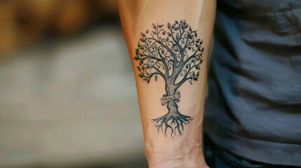 Wall Mural - close-up of a family tree tattoo on someone's forearm, showing names intertwined with branches and l