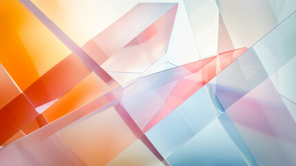 Abstract geometric crystal background in bright blue orange colors with refracting of light and highlights on the facets. contemporary crystal design, glass morphism. Transparent glass background