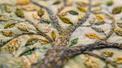 Wall Mural - close-up of a hand-stitched family tree embroidery, with names and dates sewn into the branches and 