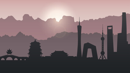 China. Landscape with mountains, silhouettes of Chinese modern and historical buildings, top attractions and sights. Forbidden City, Summer Palace, Oriental Pearl Tower. Vector background. Banner