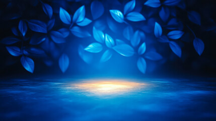 Poster - Abstract Illuminated Blue Background with Glowing Center and Leaves, Elegant Aesthetic, Calm and Mysterious Evening Ambiance, Ideal for Graphic Design Projects