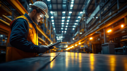 Poster - engineer using tablet for industrial machine monitoring in modern factory at night, focused worker i
