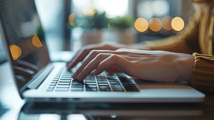 Poster - Close-Up of Woman's Hands Typing on Laptop in Office, Business Networking, Online Work, Daytime, Technology and Communication Concept