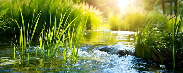 Poster - Lush Green Grass in a Stream with Sunlit Water.