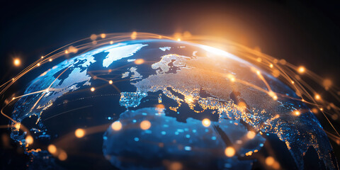 Wall Mural - global network on digital earth globe, world finance connectivity, business trading, telecommunicati