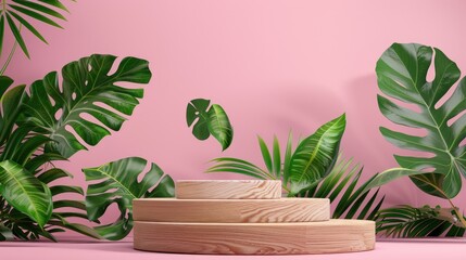 Sticker - Modern display with wooden podiums, green leaves on pink background for product showcasing.