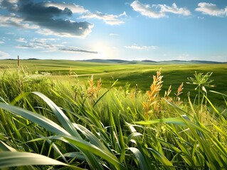 Canvas Print - Lush Green Field with Blue Sky and Clouds.