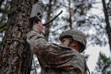 Poster - The military installs an antenna amplifier on a tree