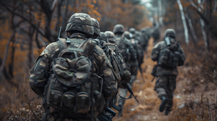 male soldiers in full camouflage uniforms with modern combat helmets