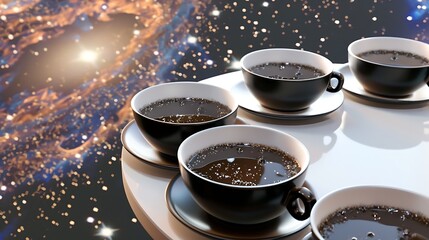 Cups of coffee with a galaxy in the background.