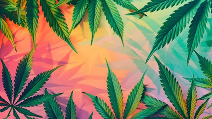 Marijuana leaves on a colorful background, close up top view on cannabis leaves and branches on colorful background for alternative medical and marketing design concept