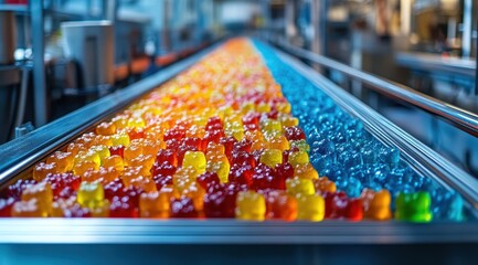 Photo of a conveyor belt with colorful gummy bear candies in an industrial food production facility, showcasing the quality control process and variety.