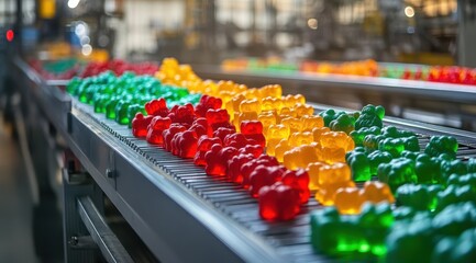 Wall Mural - Rows of colorful gummy bears moving on a conveyor belt in a candy factory, highlighting the mass production of sweet treats.