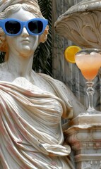 Wall Mural - A statue wearing blue sunglasses holds a cocktail with an orange slice. AI.