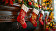 Red Christmas stockings with gold snowflakes hanging on a mantle. ..