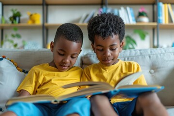 Wall Mural - Two young boys sitting on a couch, reading a book together. AI.