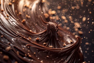 Fototapete - An artistic display of chocolate swirls on a deep, dark background, emphasizing the richness and texture of the chocolate, Swirled chocolate drizzle designs with bokeh effect, Ai generated