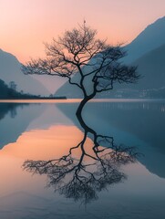 Breathtaking scene of barren solitary tree flourishing and mirroring in body of water encircled by peak range during sunset.