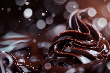Fototapete - Dark background featuring intricate chocolate swirls, showcasing a delightful and indulgent dessert aesthetic, Swirled chocolate drizzle designs with bokeh effect, Ai generated