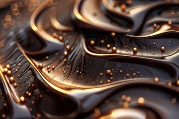 Fototapete - A close-up of rich chocolate swirls elegantly contrasting against a dark background, creating a luxurious visual appeal, Swirled chocolate drizzle designs with bokeh effect, Ai generated