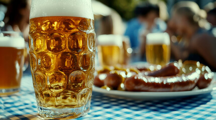 Wall Mural - beer on the table and appetizing German sausages. AI generative.