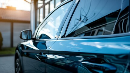 Side view of car window tint, ceramic film provides heat rejection and UV protection with stable color, car film installed on the glass surface of the , selected focus car tinting service